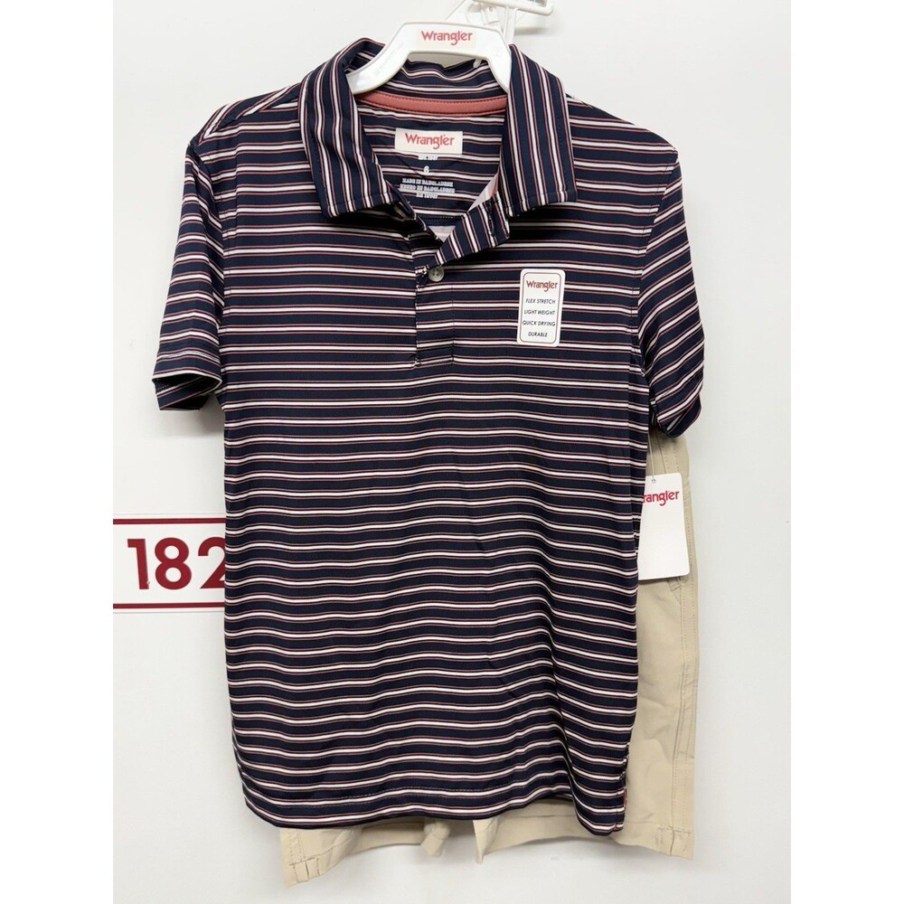 Wrangler Boys 2 Piece Set Khaki Drawstring Shorts & Striped Polo NWT Size 6